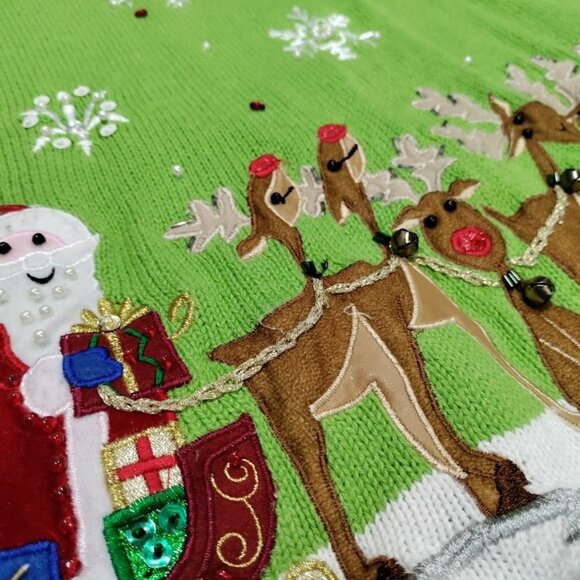 Quacker Factory Green Cute Ugly Christmas Sweater S Snowman & Reindeer - Picture 11 of 12
